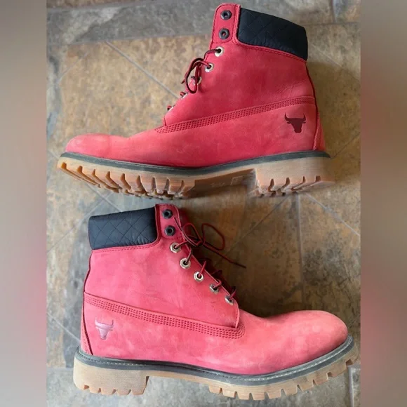 MEN'S NBA CHICAGO BULLS X TIMBERLAND BOOTS SZ 12M Premium Boot Medium Red Nubuck - Picture 7 of 10